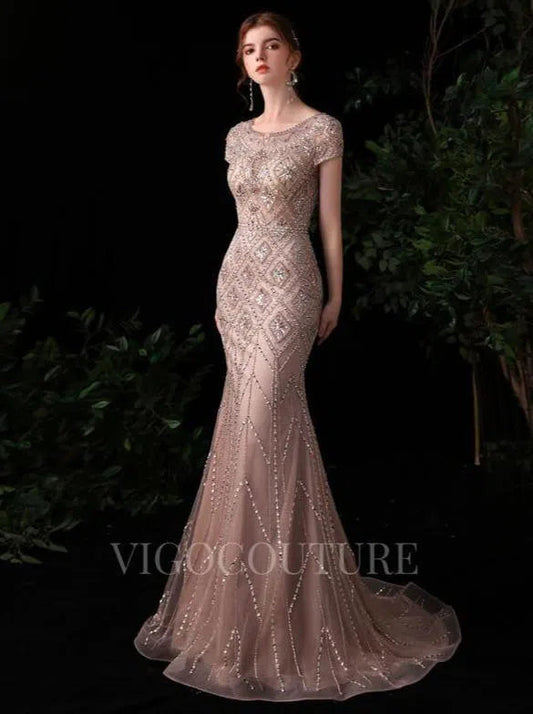 Prom Dress 2025 Khaki Mermaid Beaded Short Sleeve Prom Dresses 20151-unique elegant Prom Dresses-Khaki-US2-vigocouture