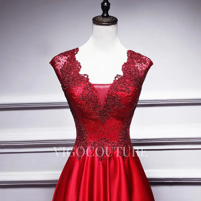 Prom Dress 2025 Lace Applique Beaded Prom Dress 2022 V-Neck Sleeveless Prom Gown-unique elegant Prom Dresses-Red-US2-vigocouture