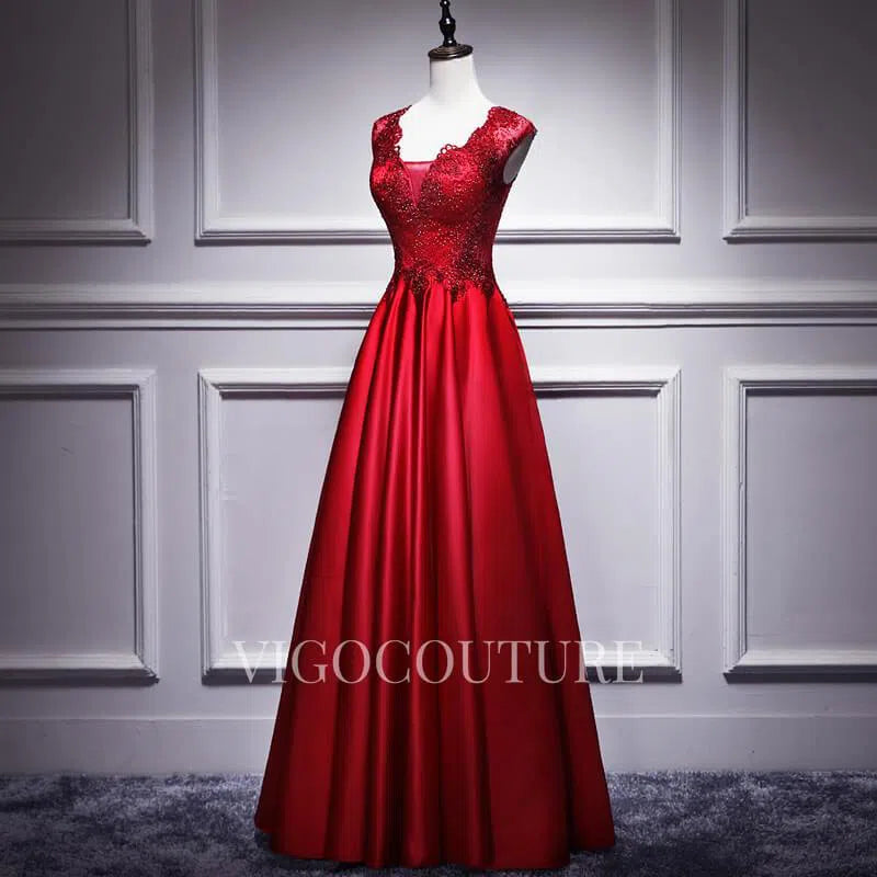 Prom Dress 2025 Lace Applique Beaded Prom Dress 2022 V-Neck Sleeveless Prom Gown-unique elegant Prom Dresses-Red-US2-vigocouture