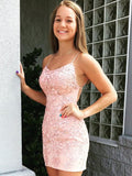 Short Prom Dresses 2025 Lace Applique Homecoming Dresses Spaghetti Strap Bodycon Dresses hc014-Prom Dresses-vigocouture-Pink-US0-vigocouture