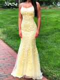 Prom Dress 2025 Lace Applique Mermaid Prom Dresses Spaghetti Strap Evening Dress 20594-unique elegant Prom Dresses-Yellow-US2-vigocouture