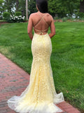 Prom Dress 2025 Lace Applique Mermaid Prom Dresses Spaghetti Strap Evening Dress 20594-unique elegant Prom Dresses-Yellow-US2-vigocouture