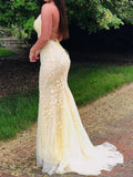 Prom Dress 2025 Lace Applique Mermaid Prom Dresses Spaghetti Strap Evening Dress 20594-unique elegant Prom Dresses-Yellow-US2-vigocouture