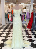 Prom Dress 2025 Lace Applique Mermaid Prom Dresses Spaghetti Strap Evening Dress 20594-unique elegant Prom Dresses-Yellow-US2-vigocouture