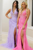 Prom Dress 2025 Lace Applique Mermaid Prom Dresses with Slit Plunging V-Neck Sheer Boned Bodice 24288-unique elegant Prom Dresses-Black-Custom Size-vigocouture