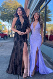 Lace Applique Mermaid Prom Dresses with Slit Plunging V-Neck Sheer Boned Bodice 24288