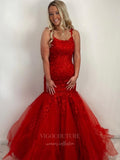 Prom Dress 2025 Lace Applique Mermaid Spaghetti Strap Prom Dress 20925-unique elegant Prom Dresses-Red-US2-vigocouture