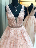 Prom Dress 2025 Lace Applique Plunging V-Neck Prom Dress 20604-unique elegant Prom Dresses-Blush-US2-vigocouture