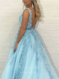 Prom Dress 2025 Lace Applique Plunging V-Neck Prom Dress 20604-unique elegant Prom Dresses-Light Blue-US2-vigocouture