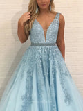 Prom Dress 2025 Lace Applique Plunging V-Neck Prom Dress 20604-unique elegant Prom Dresses-Light Blue-US2-vigocouture