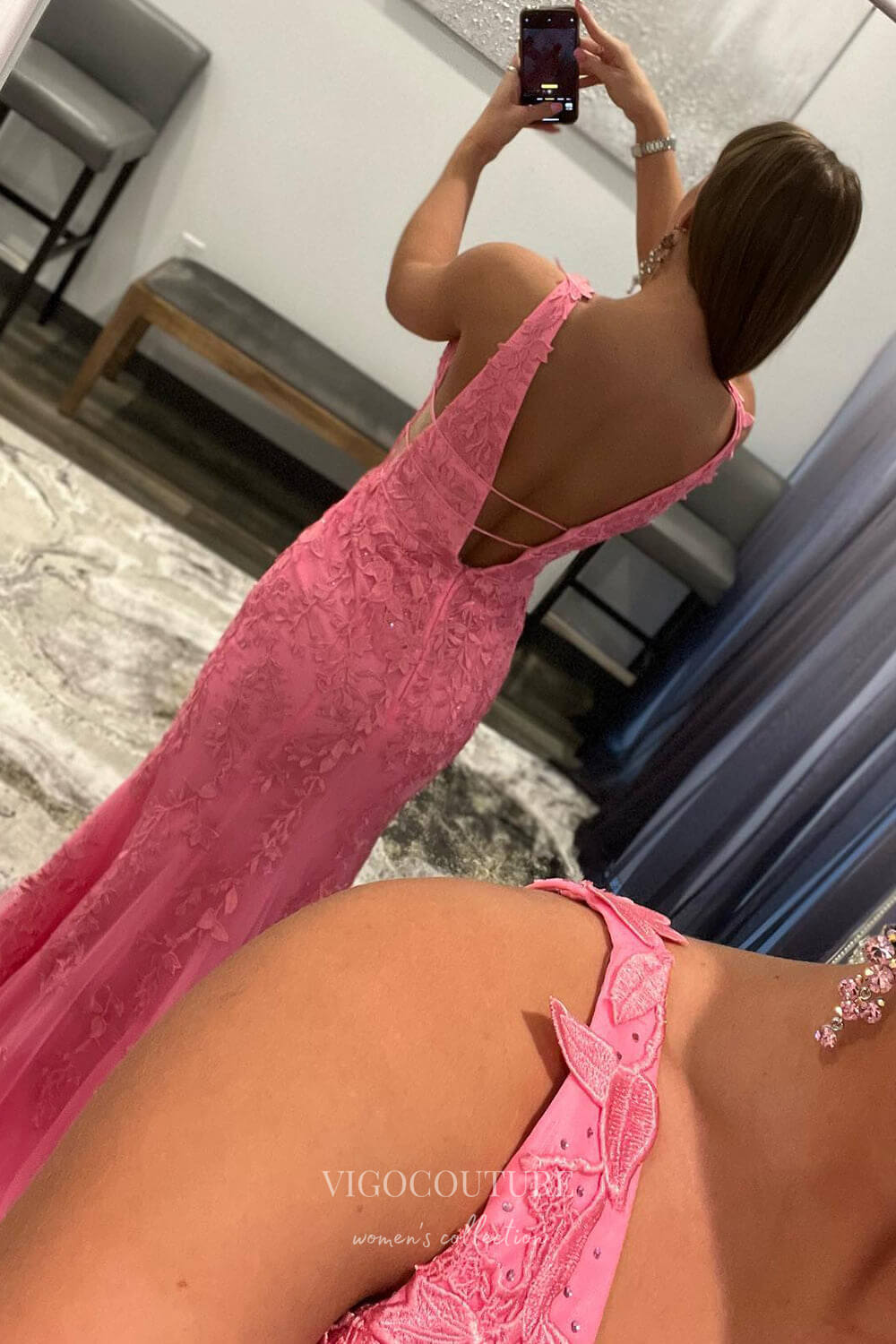 Prom Dress 2025 Lace Applique Plunging V-Neck Prom Dresses Mermaid Spaghetti Strap Evening Dress 22169-unique elegant Prom Dresses-Hot Pink-US2-vigocouture