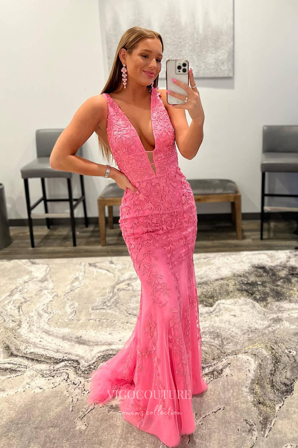 Prom Dress 2025 Lace Applique Plunging V-Neck Prom Dresses Mermaid Spaghetti Strap Evening Dress 22169-unique elegant Prom Dresses-Hot Pink-US2-vigocouture