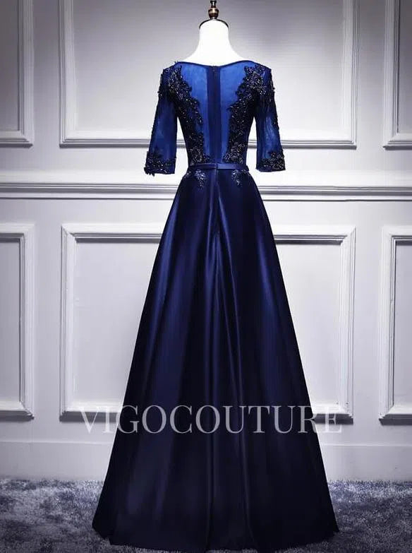 Prom Dress 2025 Lace Applique Prom Dress 2022 Half Sleeve Satin Prom Gown-unique elegant Prom Dresses-Navy Blue-US2-vigocouture