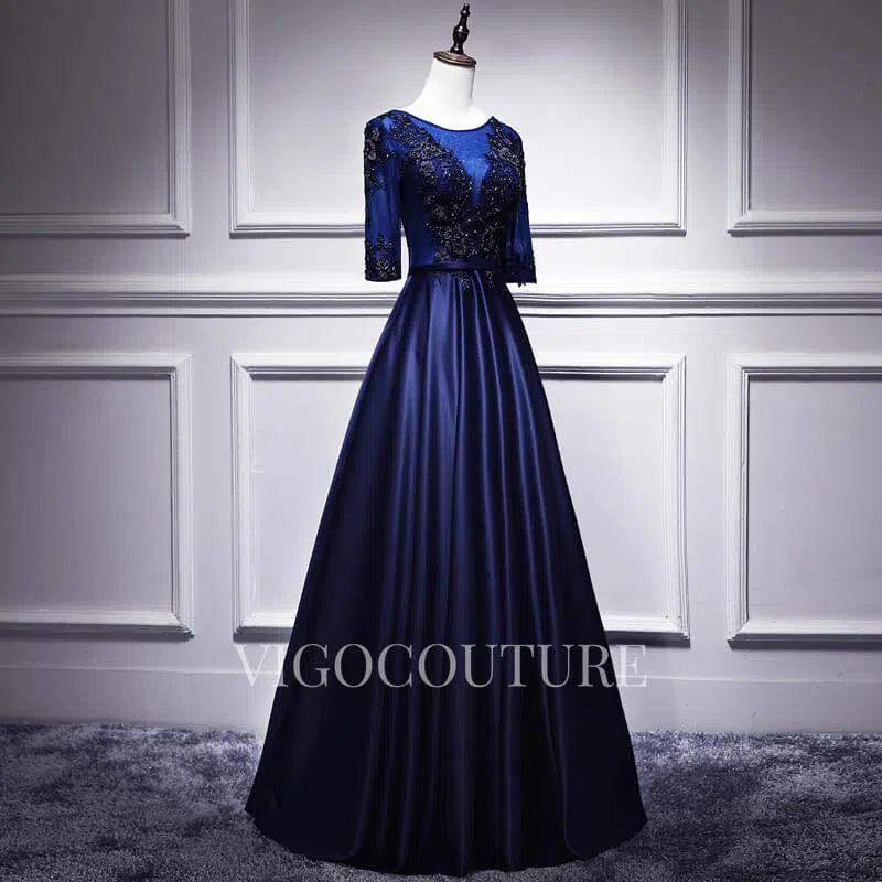 Prom Dress 2025 Lace Applique Prom Dress 2022 Half Sleeve Satin Prom Gown-unique elegant Prom Dresses-Navy Blue-US2-vigocouture