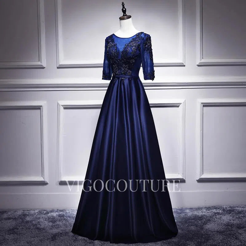 Prom Dress 2025 Lace Applique Prom Dress 2022 Half Sleeve Satin Prom Gown-unique elegant Prom Dresses-Navy Blue-US2-vigocouture