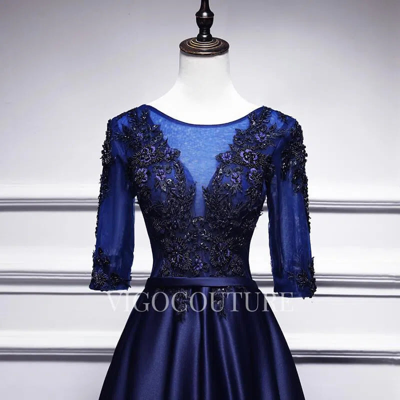 Prom Dress 2025 Lace Applique Prom Dress 2022 Half Sleeve Satin Prom Gown-unique elegant Prom Dresses-Navy Blue-US2-vigocouture