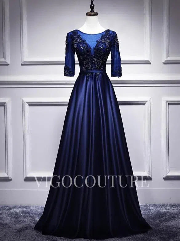 Prom Dress 2025 Lace Applique Prom Dress 2022 Half Sleeve Satin Prom Gown-unique elegant Prom Dresses-Navy Blue-US2-vigocouture