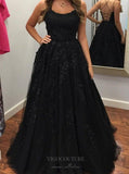 Prom Dress 2025 Lace Applique Prom Dresses A-Line Spaghetti Strap Formal Dresses 20597-unique elegant Prom Dresses-Black-US2-vigocouture