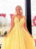 Prom Dress 2025 Lace Applique Prom Dresses A-Line Spaghetti Strap Formal Dresses 21538-unique elegant Prom Dresses-Yellow-US2-vigocouture