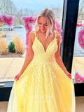 Prom Dress 2025 Lace Applique Prom Dresses A-Line Spaghetti Strap Formal Dresses 21538-unique elegant Prom Dresses-Yellow-US2-vigocouture