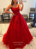 Prom Dress 2025 Lace Applique Prom Dresses A-Line Spaghetti Strap Formal Dresses 21557-unique elegant Prom Dresses-Red-US2-vigocouture