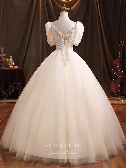 Prom Dress 2025 Lace Applique Quinceanera Dresses Puffed Sleeve Sweet 15 Dresses 21384-unique elegant Prom Dresses-Champagne-Custom Size-vigocouture