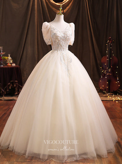 Prom Dress 2025 Lace Applique Quinceanera Dresses Puffed Sleeve Sweet 15 Dresses 21384-unique elegant Prom Dresses-Champagne-Custom Size-vigocouture