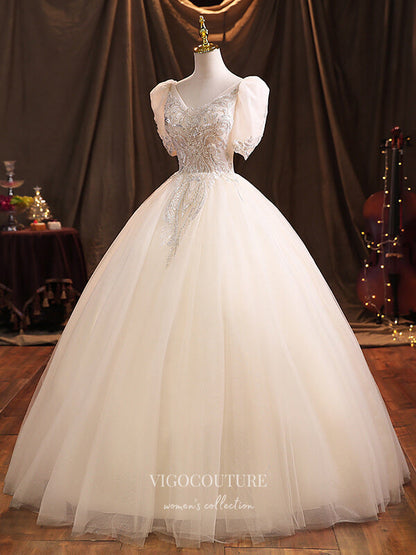 Prom Dress 2025 Lace Applique Quinceanera Dresses Puffed Sleeve Sweet 15 Dresses 21384-unique elegant Prom Dresses-Champagne-Custom Size-vigocouture