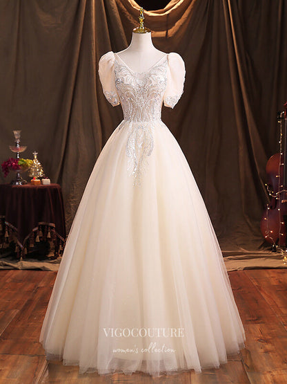 Prom Dress 2025 Lace Applique Quinceanera Dresses Puffed Sleeve Sweet 15 Dresses 21384-unique elegant Prom Dresses-Champagne-Custom Size-vigocouture