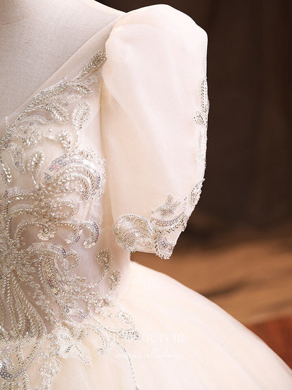 Prom Dress 2025 Lace Applique Quinceanera Dresses Puffed Sleeve Sweet 15 Dresses 21384-unique elegant Prom Dresses-Champagne-Custom Size-vigocouture