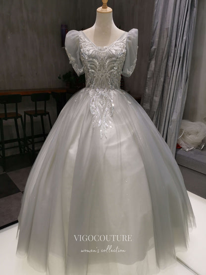 Prom Dress 2025 Lace Applique Quinceanera Dresses Puffed Sleeve Sweet 15 Dresses 21384-unique elegant Prom Dresses-Grey-Custom Size-vigocouture