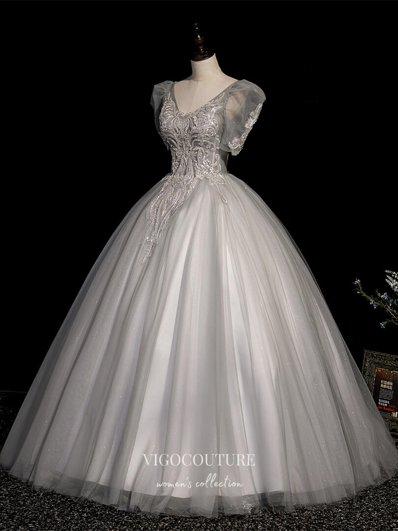 Prom Dress 2025 Lace Applique Quinceanera Dresses Sparkly Tulle Sweet 15 Dresses 21410-unique elegant Prom Dresses-Grey-Custom Size-vigocouture