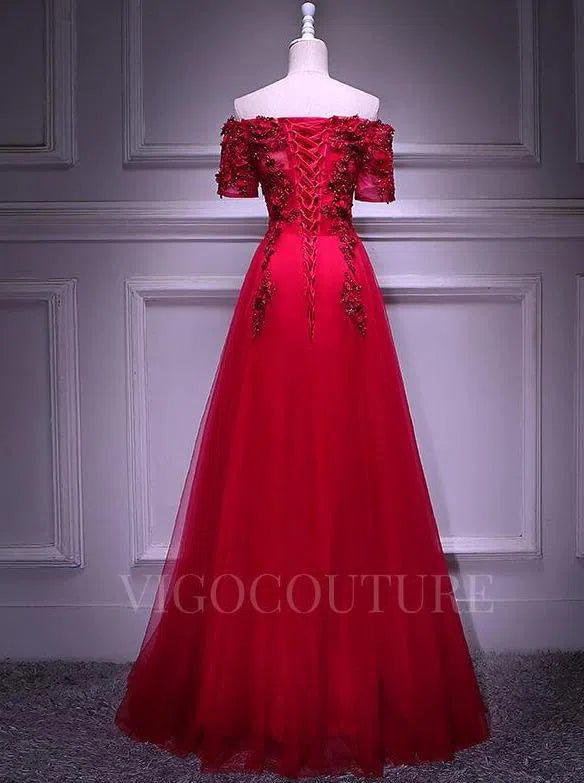 Prom Dress 2025 Lace Applique Red Prom Dress 2022 Off the Shoulder Beaded Prom Gown-unique elegant Prom Dresses-Red-US2-vigocouture