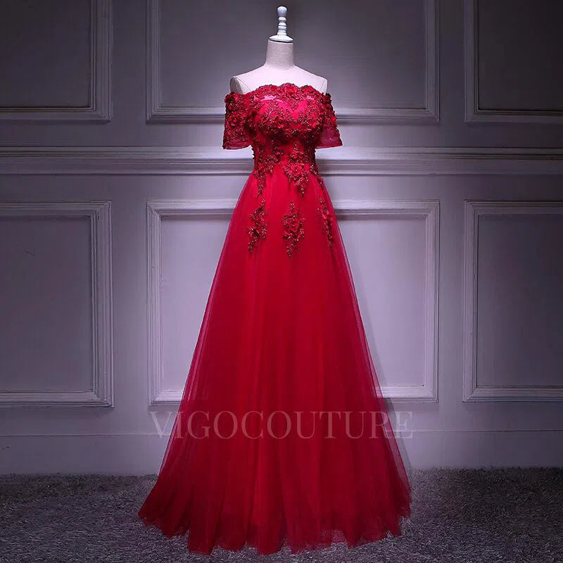 Prom Dress 2025 Lace Applique Red Prom Dress 2022 Off the Shoulder Beaded Prom Gown-unique elegant Prom Dresses-Red-US2-vigocouture