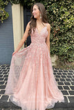 Prom Dress 2025 Lace Applique Spaghetti Strap Prom Dresses V-Neck A-Line Evening Dress 20813-unique elegant Prom Dresses-Blush-US2-vigocouture