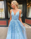 Prom Dress 2025 Lace Applique Spaghetti Strap Prom Dresses V-Neck A-Line Evening Dress 20813-unique elegant Prom Dresses-Light Blue-US2-vigocouture