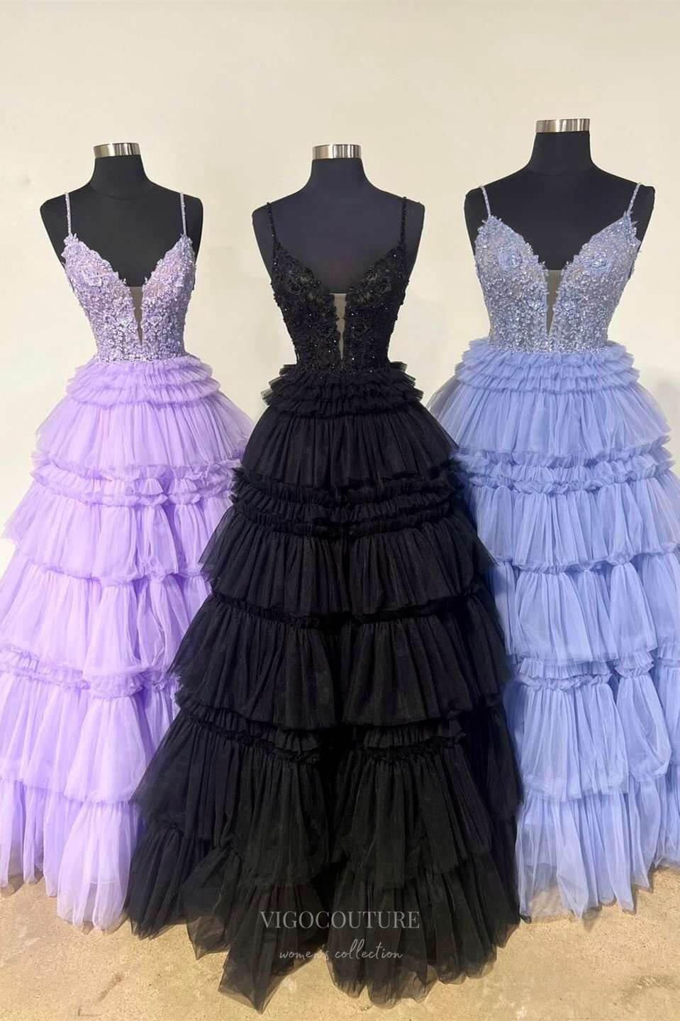 Prom Dress 2025 Lace Applique Tiered Ruffled Prom Dresses Spaghetti Strap Plunging V-Neck 24337-unique elegant Prom Dresses-Black-Custom Size-vigocouture