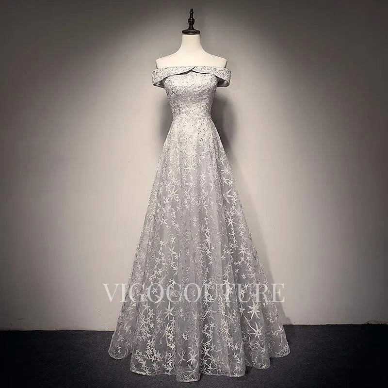 Prom Dress 2025 Lace Prom Dress 2022 Off the Shoulder Prom Gown-unique elegant Prom Dresses-Grey-US2-vigocouture