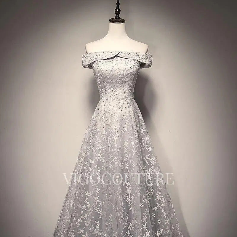 Prom Dress 2025 Lace Prom Dress 2022 Off the Shoulder Prom Gown-unique elegant Prom Dresses-Grey-US2-vigocouture