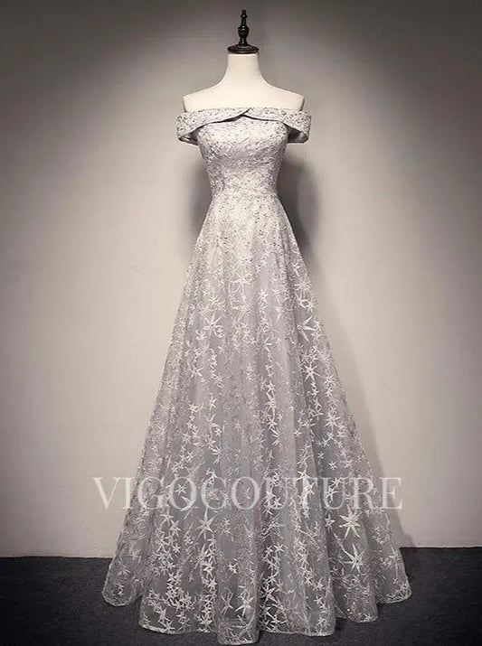 Prom Dress 2025 Lace Prom Dress 2022 Off the Shoulder Prom Gown-unique elegant Prom Dresses-Grey-US2-vigocouture