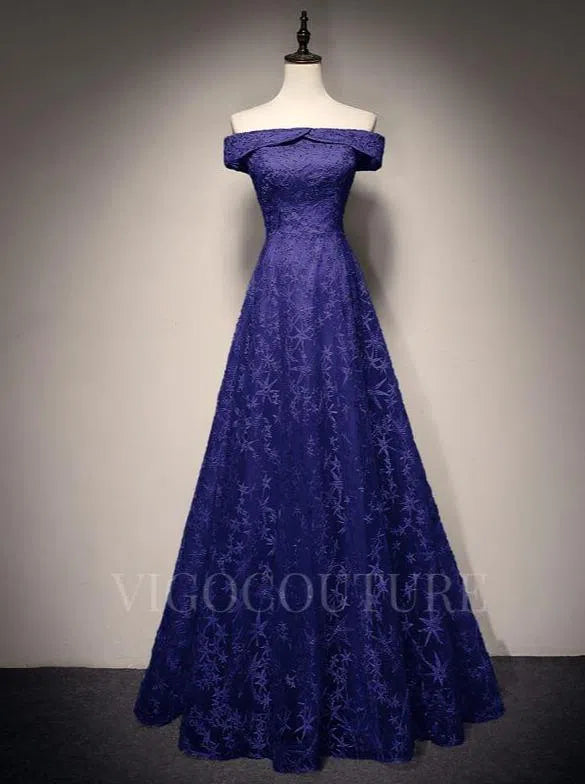 Prom Dress 2025 Lace Prom Dress 2022 Off the Shoulder Prom Gown-unique elegant Prom Dresses-Navy Blue-US2-vigocouture