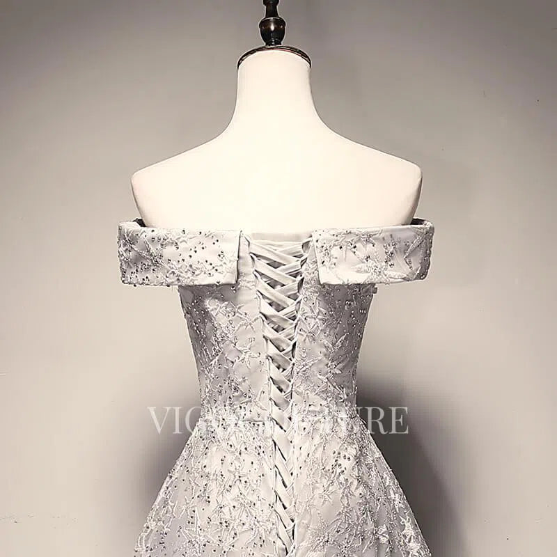 Prom Dress 2025 Lace Short Prom Dress 2022 Off the Shoulder Prom Gown-unique elegant Prom Dresses-Grey-US2-vigocouture