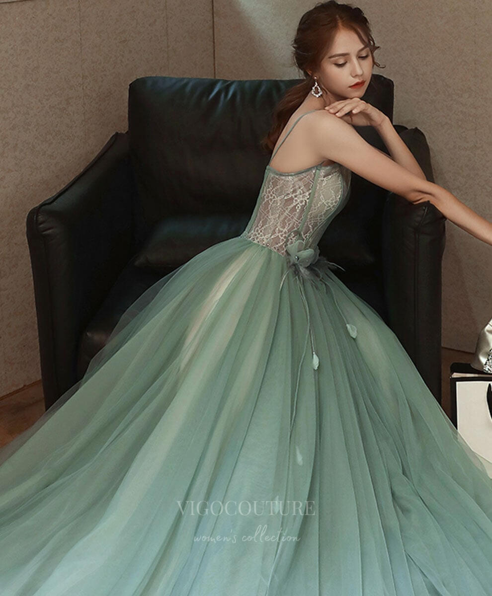 Prom Dress 2025 Lace Tulle Spaghetti Strap Prom Dress 20912-unique elegant Prom Dresses-Green-Custom Size-vigocouture