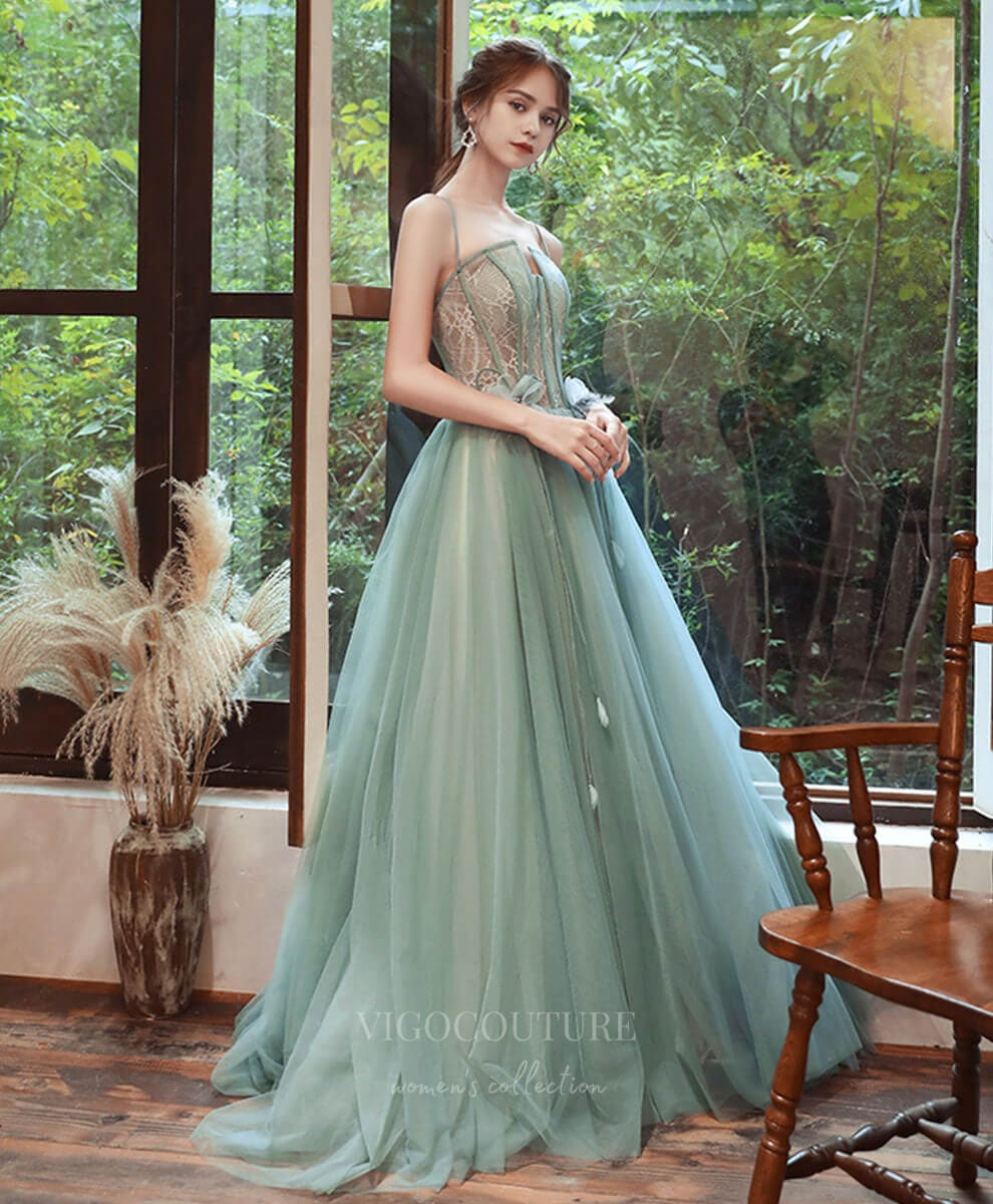 Prom Dress 2025 Lace Tulle Spaghetti Strap Prom Dress 20912-unique elegant Prom Dresses-Green-Custom Size-vigocouture