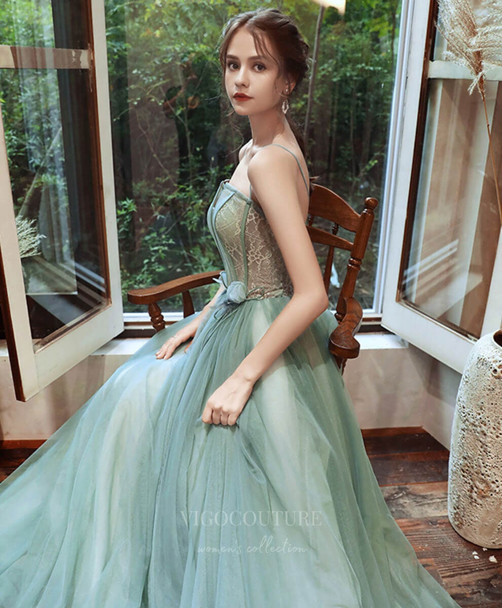 Prom Dress 2025 Lace Tulle Spaghetti Strap Prom Dress 20912-unique elegant Prom Dresses-Green-Custom Size-vigocouture