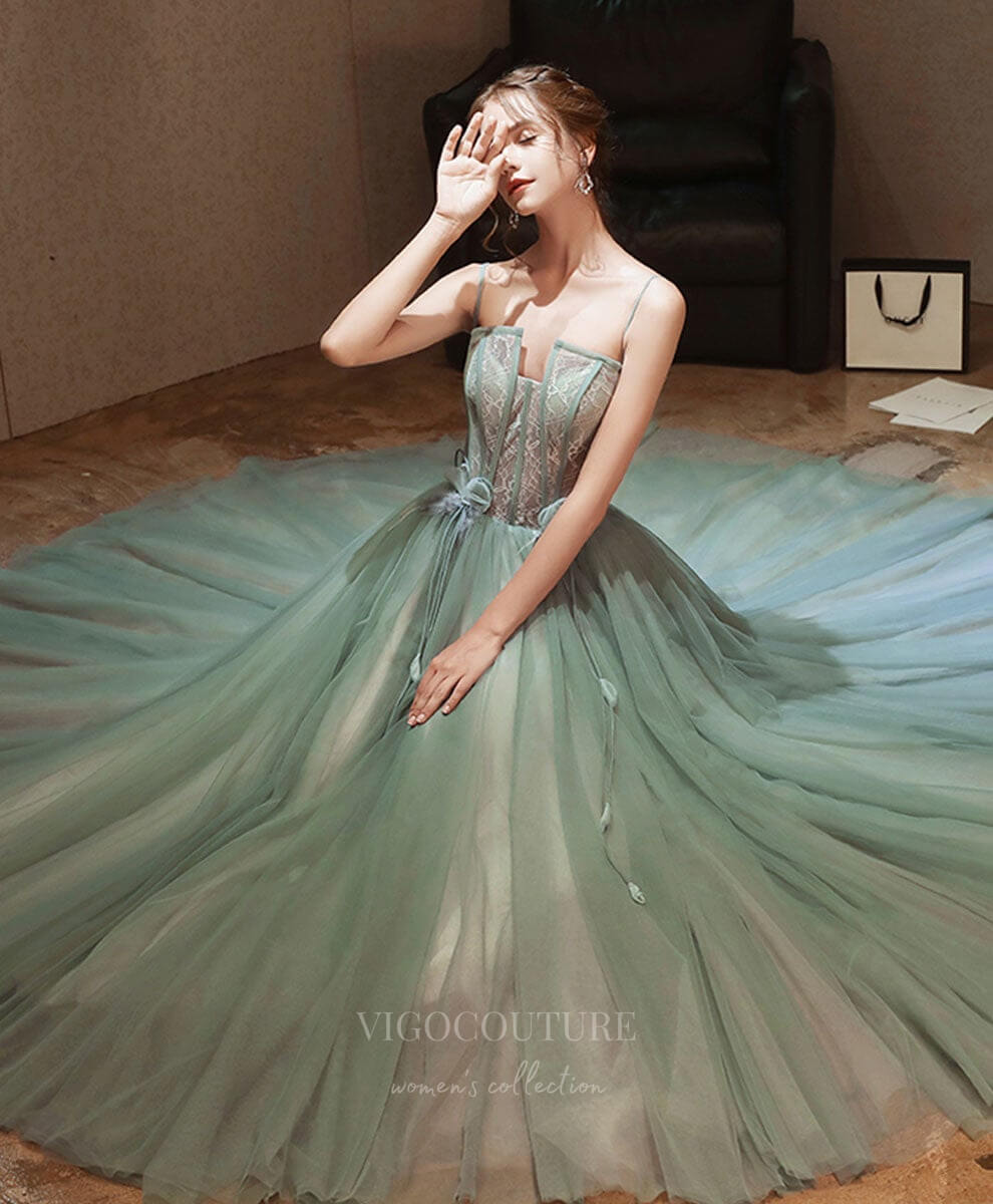 Prom Dress 2025 Lace Tulle Spaghetti Strap Prom Dress 20912-unique elegant Prom Dresses-Green-Custom Size-vigocouture