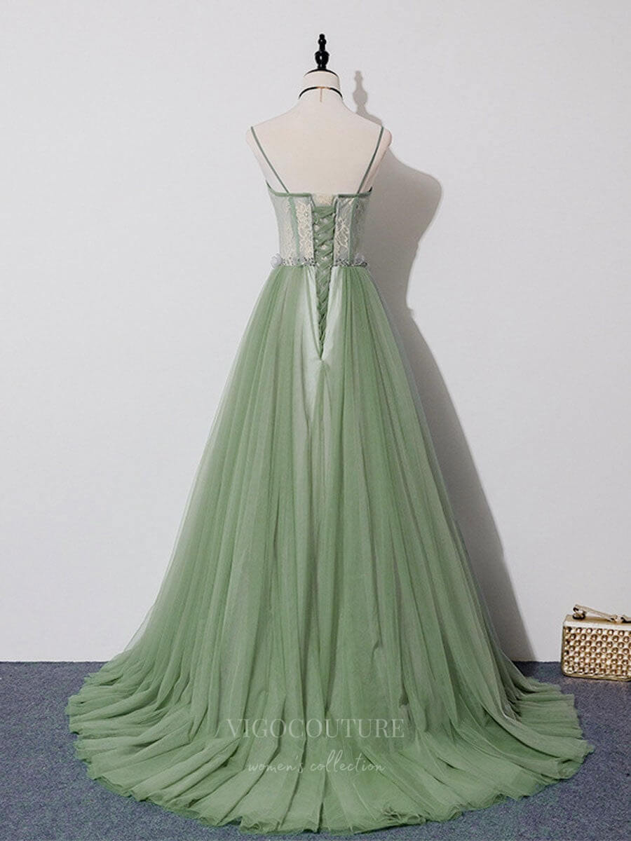 Prom Dress 2025 Lace Tulle Spaghetti Strap Prom Dress 20912-unique elegant Prom Dresses-Green-Custom Size-vigocouture