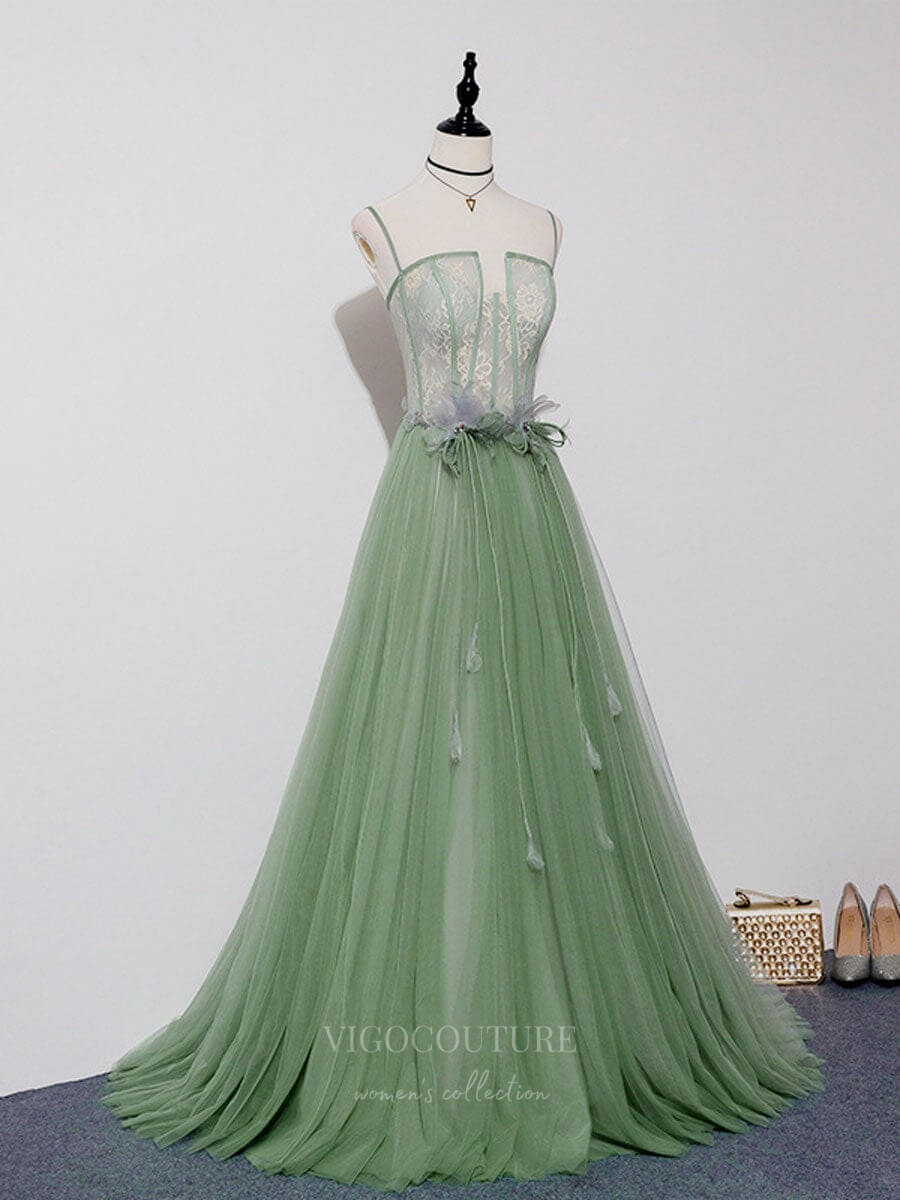 Prom Dress 2025 Lace Tulle Spaghetti Strap Prom Dress 20912-unique elegant Prom Dresses-Green-Custom Size-vigocouture