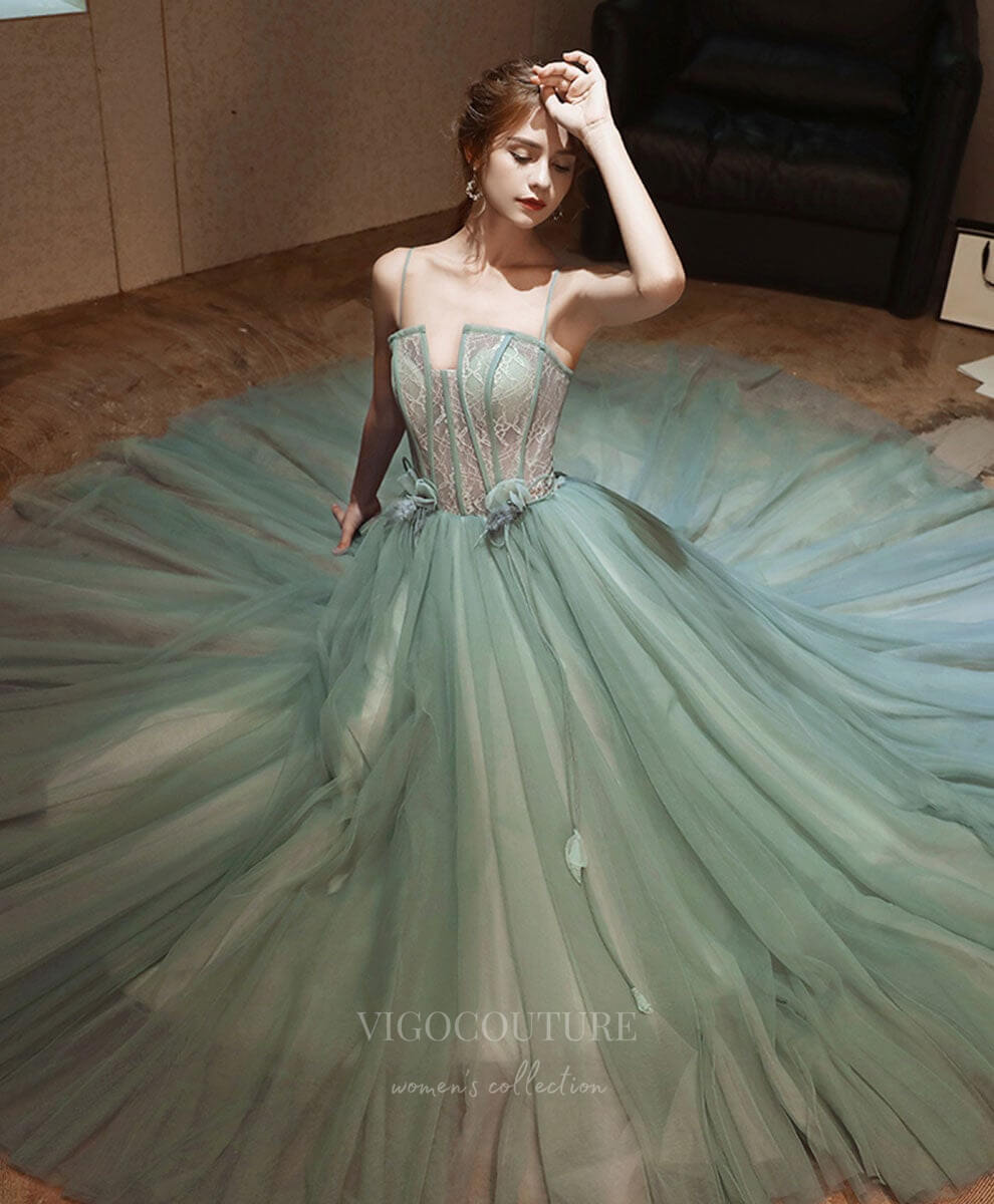 Prom Dress 2025 Lace Tulle Spaghetti Strap Prom Dress 20912-unique elegant Prom Dresses-Green-Custom Size-vigocouture