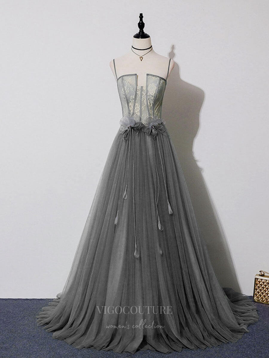 Prom Dress 2025 Lace Tulle Spaghetti Strap Prom Dress 20912-unique elegant Prom Dresses-Grey-Custom Size-vigocouture